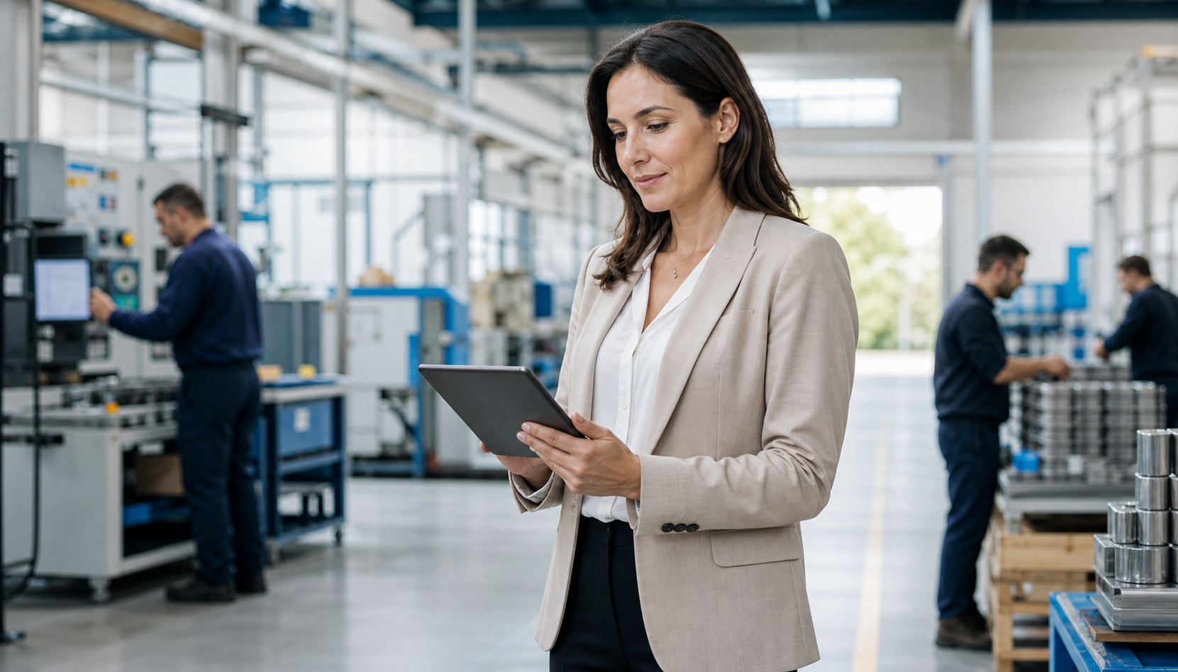 Woman operations leader reviewing an organized status dashboard on a tablet in an industrial facility