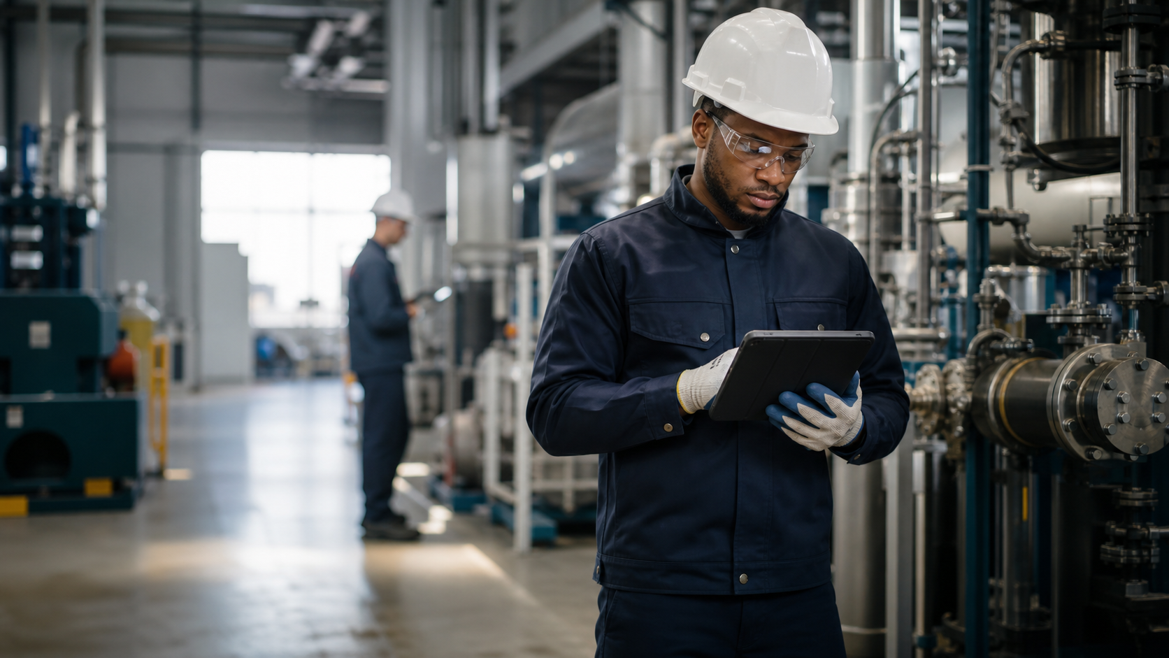 Frontline worker in a hard hat and gloves completing an inspection on a tablet in an industrial facility